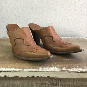 Vintage Y2K Western Cowgirl Rodeo Boho Tan Leather Pointed Chunky Heel Shoes 8.5